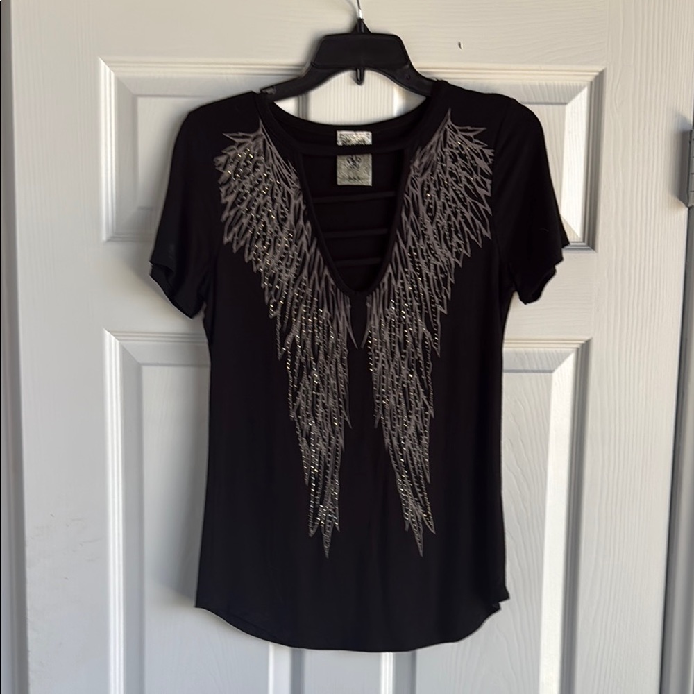 Vocal Black Short Sleeve Tee with Silver Wing Detail